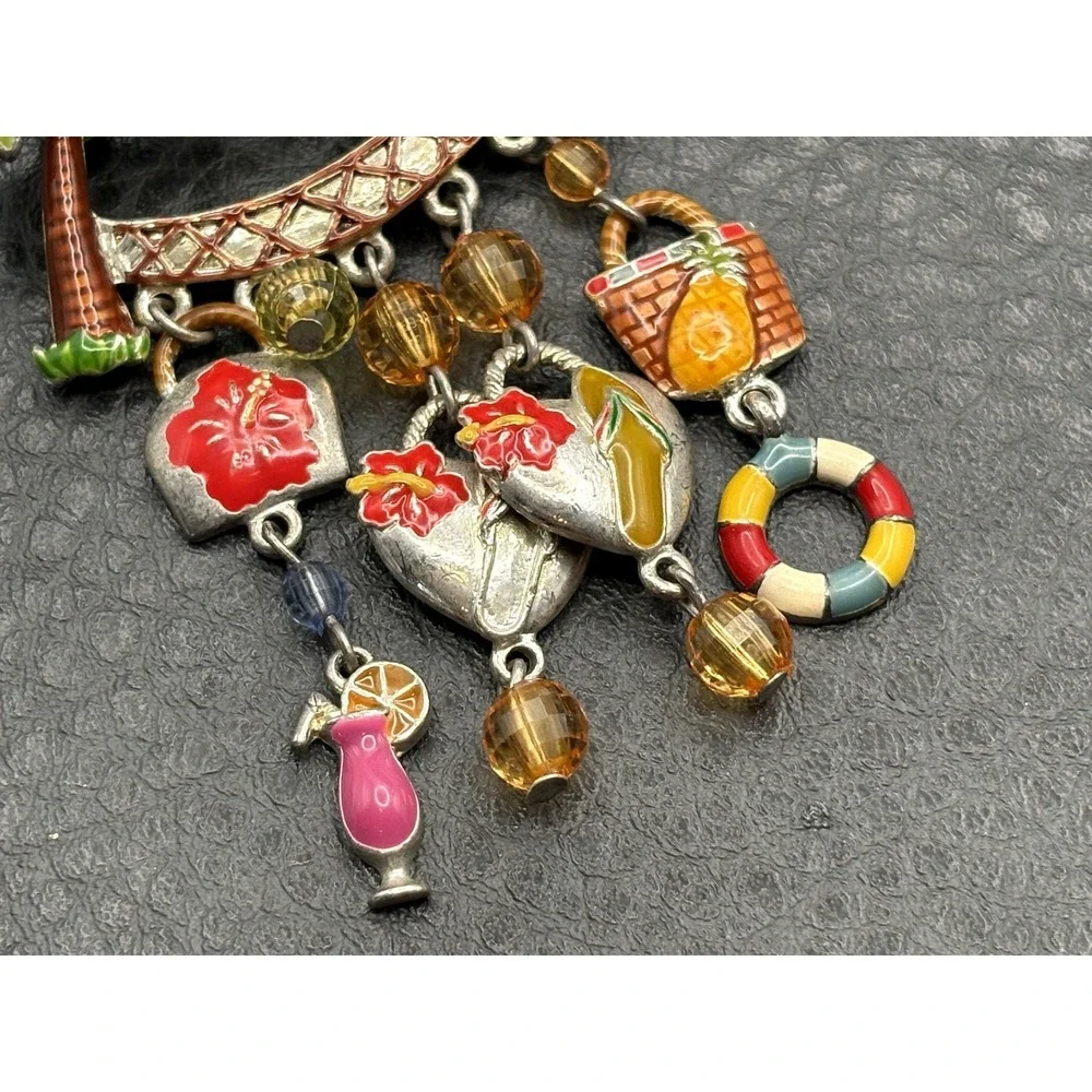 Vintage Silver Tone Tropical Enamel Charm Dangle Brooch Pin Beach Vacation